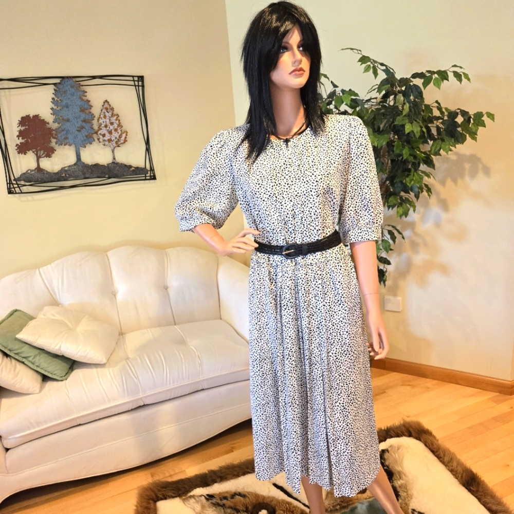 Lisa II Black & White Print Dress, Midi-Length. Size 12